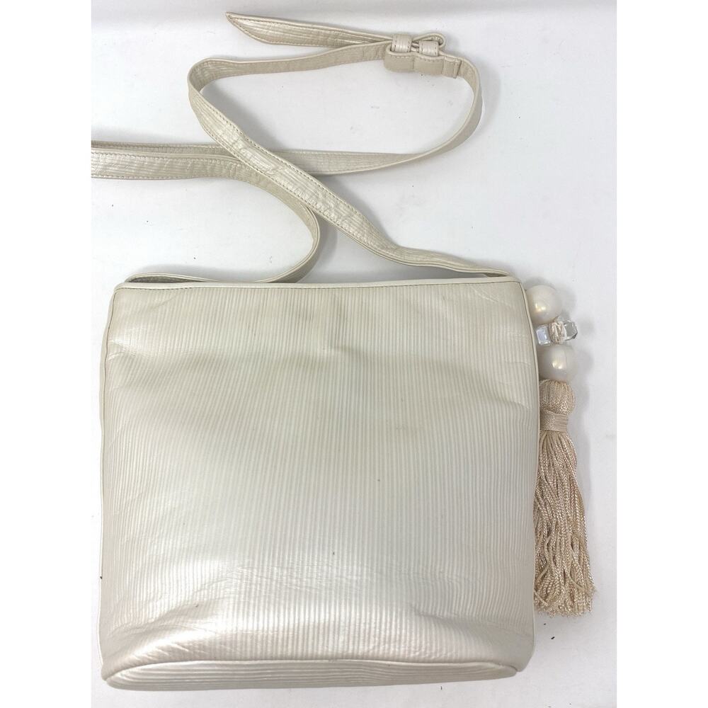 Sharif Shoulder Bag Beige Leather Crossbody Strap Pearlized Tassel Zipper - Picture 7 of 8